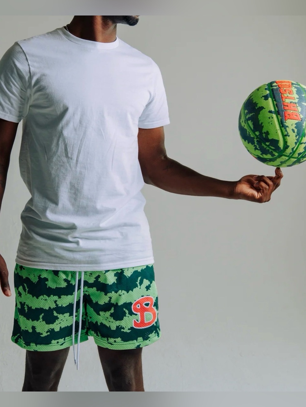 Bucket Squad! Kids Green Camo Athletic Shorts with Red 'B' Accent